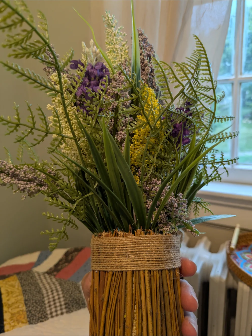 Rustic Lavender and Green Floral Arrangement with Burlap Bow